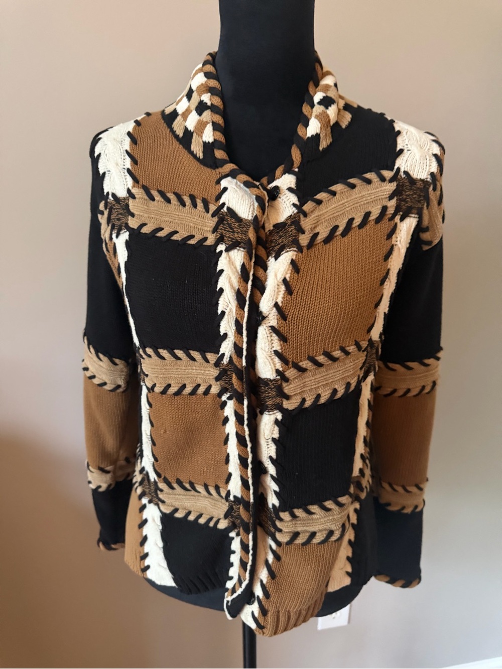 Susan Bristol Vintage Black and Brown Patchwork Cardigan Small